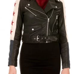 Γυναικείο δερμάτινο Jacket GOOSECRAFT DEY BIKER μαύρο λευκό μπλε