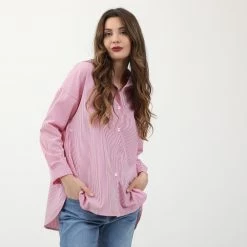 Γυναικείο μακρύ πουκάμισο ATTRATTIVO ριγέ ροζ λευκό