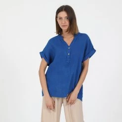 Γυναικείο λινό πουκάμισο ATTRATTIVO μπλε